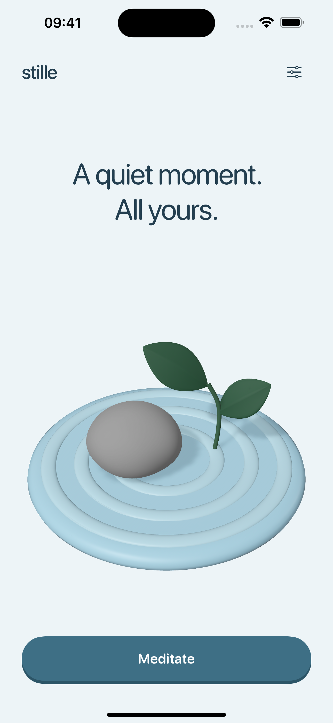 Stille home screen with one Meditate button