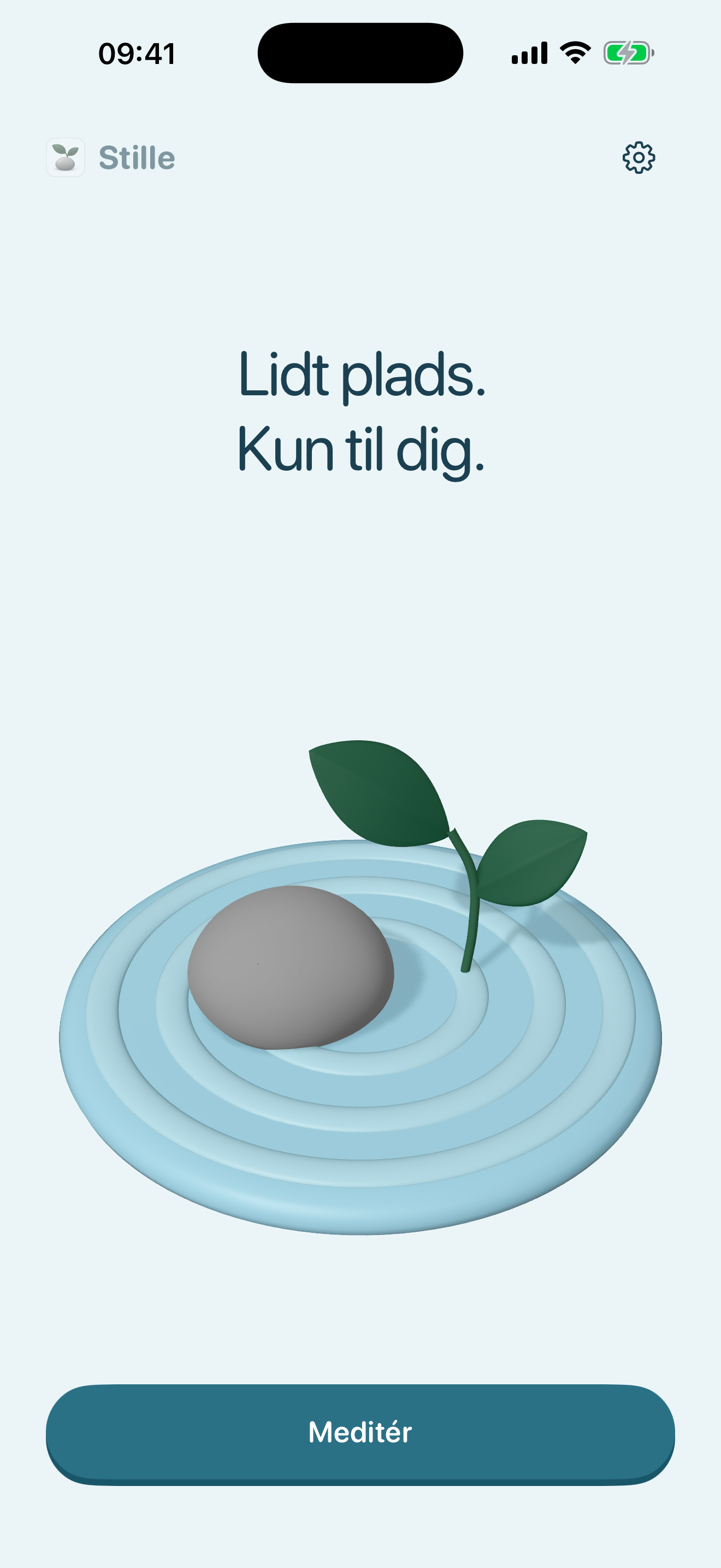 Stille på iPhone: en sten og en spire over én Meditér-knap