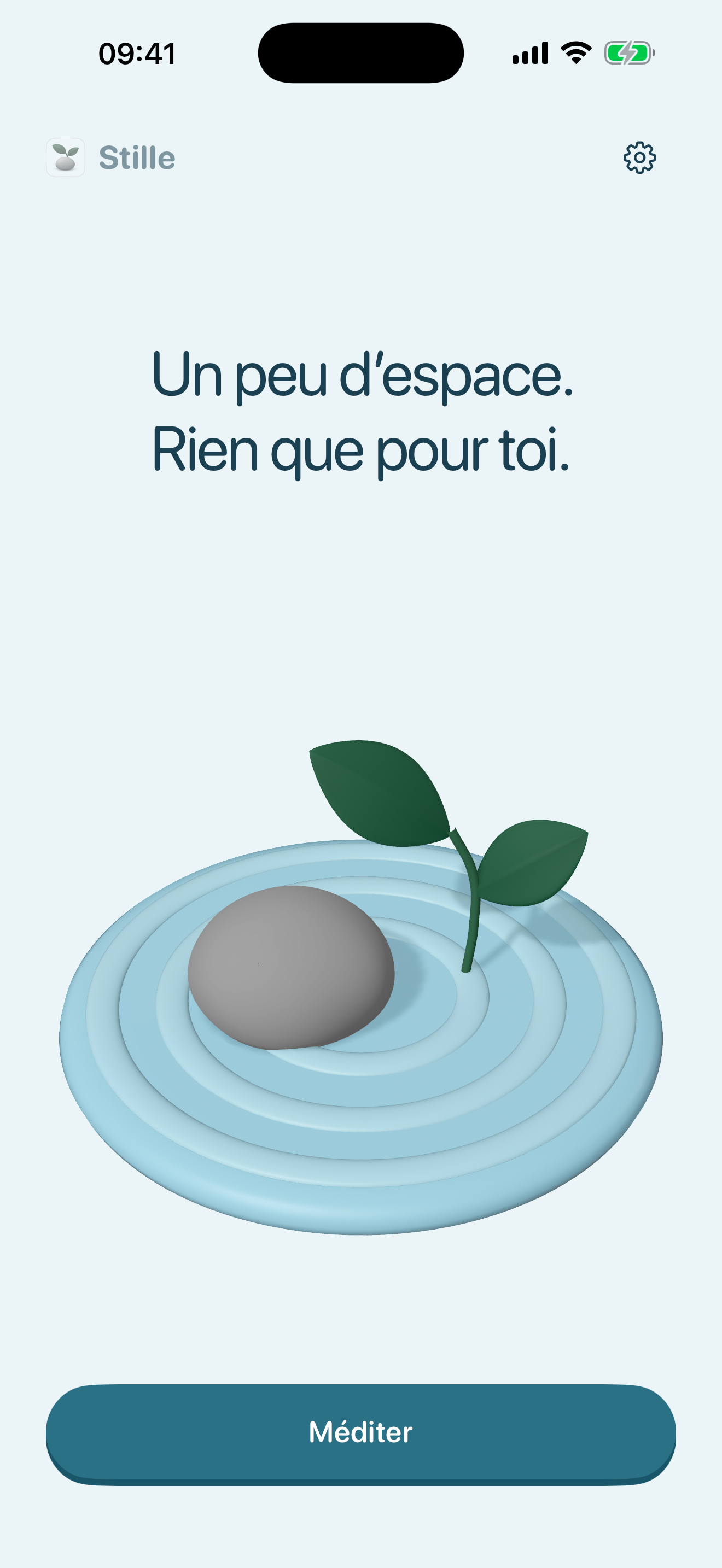 Stille sur iPhone : un galet et une pousse au-dessus d’un unique bouton Méditer